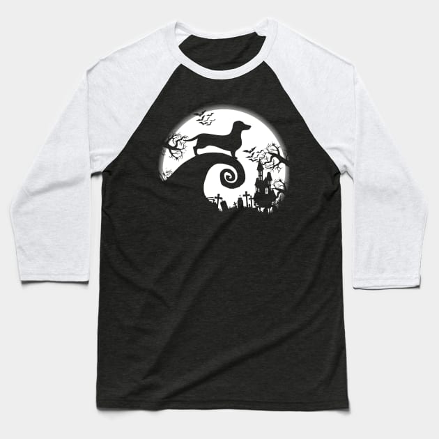Dachshund and Halloween Moon Baseball T-Shirt by celestewilliey